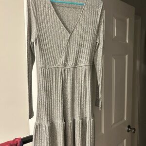 Gray Fit and Flare Long Sleeve V-Neck Dress